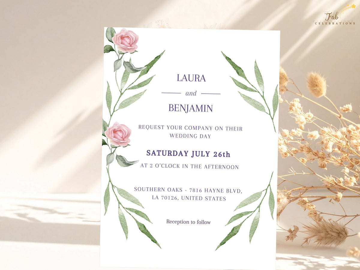 Wedding invitation front with watercolor-inspired blush pink roses and flowing green foliage, combining romantic botanical artwork with elegant purple typography and full wedding day information.