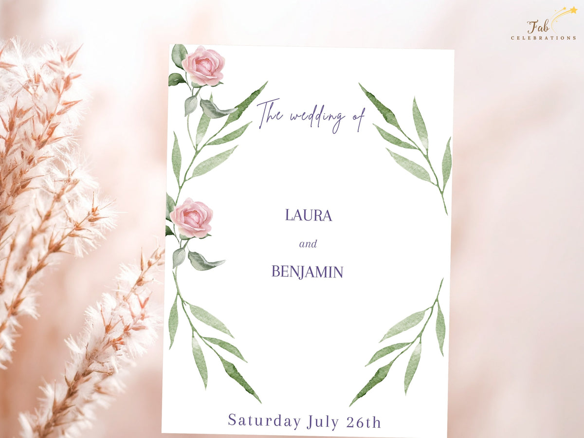 Invitation text back featuring watercolor-inspired pink roses and green leafy branches framing the couple's names and wedding date in a clean composition with elegant purple typography.