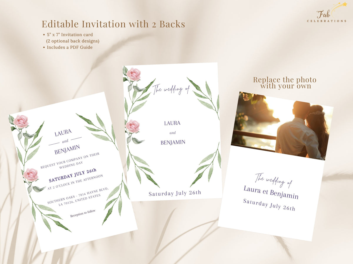 Elegant Pink Floral Wedding Invitation displayed with two coordinated back options, one for wedding text and one with a couple photo, all designed with delicate pink roses and green foliage.