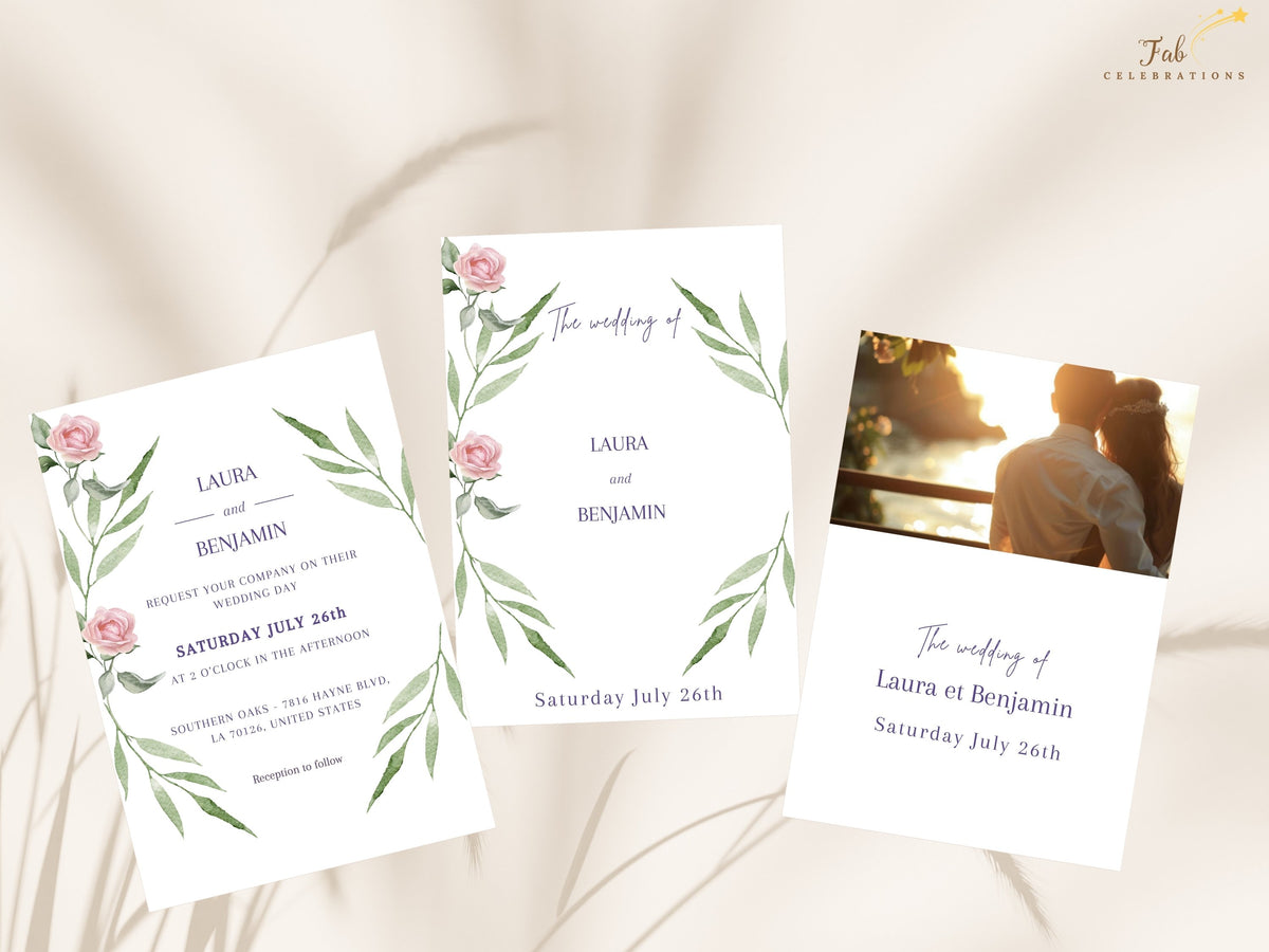 Three coordinated invitation designs shown without promotional text: the floral invitation front, a matching text back and a personalized photo back with elegant purple wedding typography.