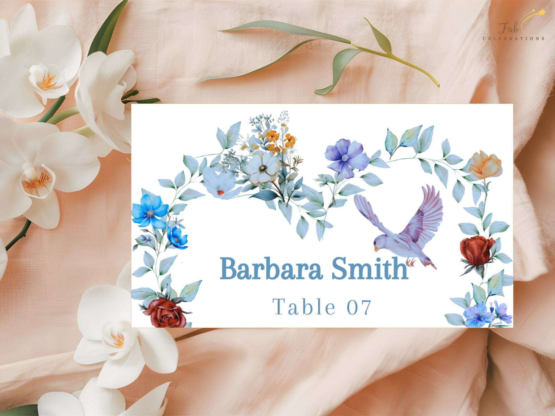 Elegant Table Name Card featuring a watercolor-inspired floral border design with a graceful dove, editable Canva template created for romantic and elegant wedding receptions.