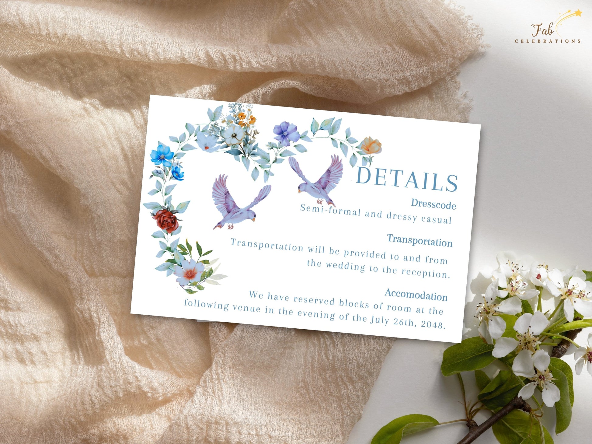 Watercolor-inspired wedding information card featuring dusty blue floral elements, graceful doves and a romantic layout perfect for venue and timeline details.