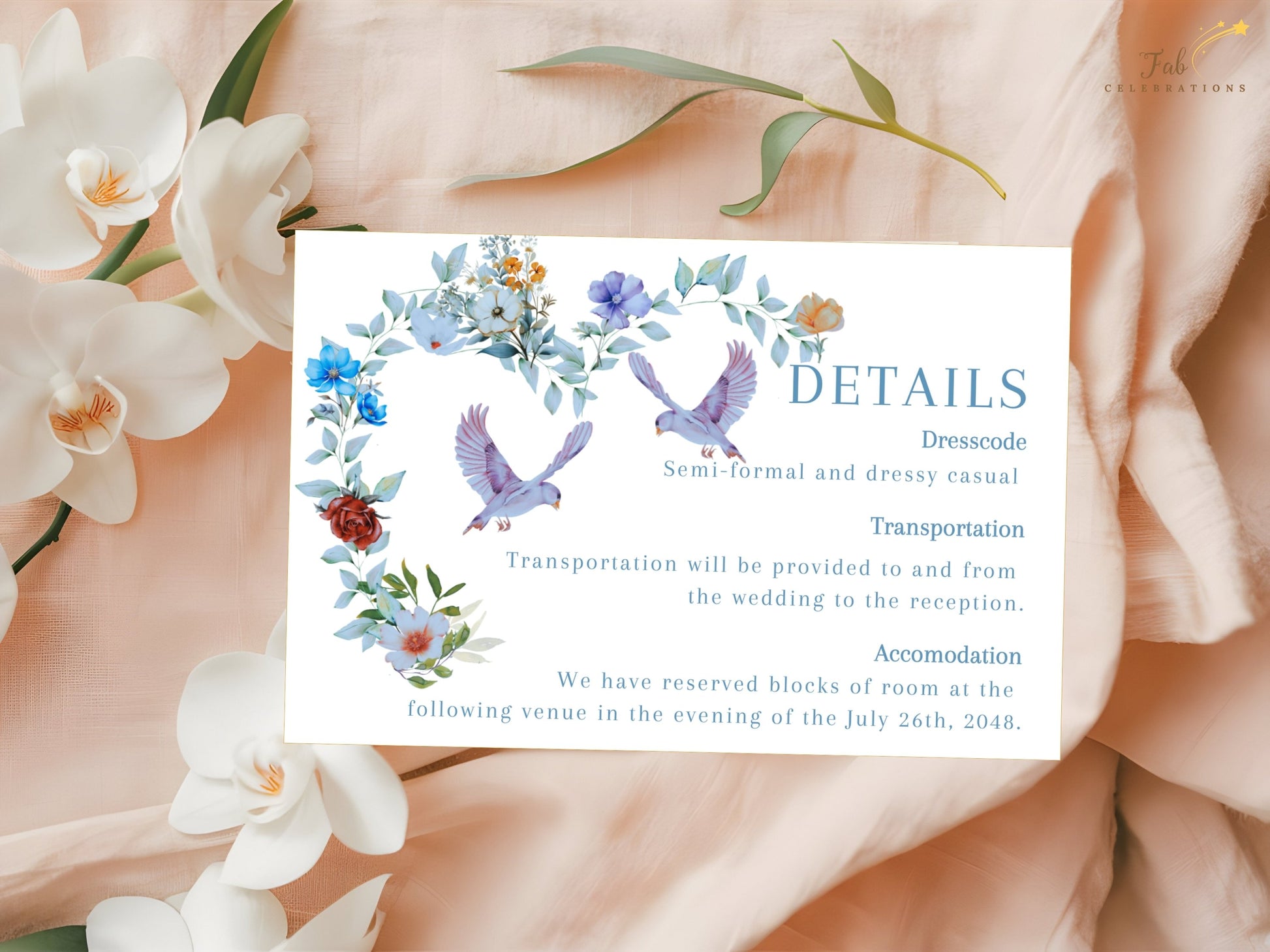 Elegant Wedding Details Card featuring a watercolor-inspired blue floral heart design with two graceful doves, editable Canva template created for romantic and elegant wedding celebrations.