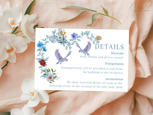 Elegant Wedding Details Card featuring a watercolor-inspired blue floral heart design with two graceful doves, editable Canva template created for romantic and elegant wedding celebrations.