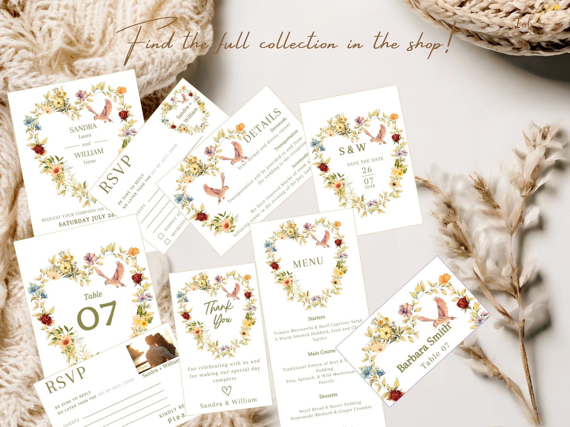 Watercolor wedding menu featuring peach apricot florals, purple blue blossoms and a delicate floral heart wreath creating refined wedding reception décor.