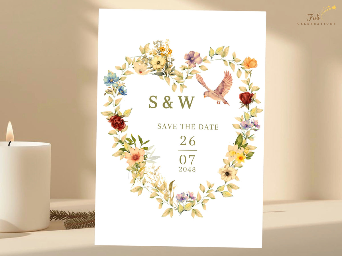 Editable Canva Save the Date Card with a romantic floral heart wreath, two illustrated doves, and a centered date layout for couples planning an elegant coordinated wedding stationery.