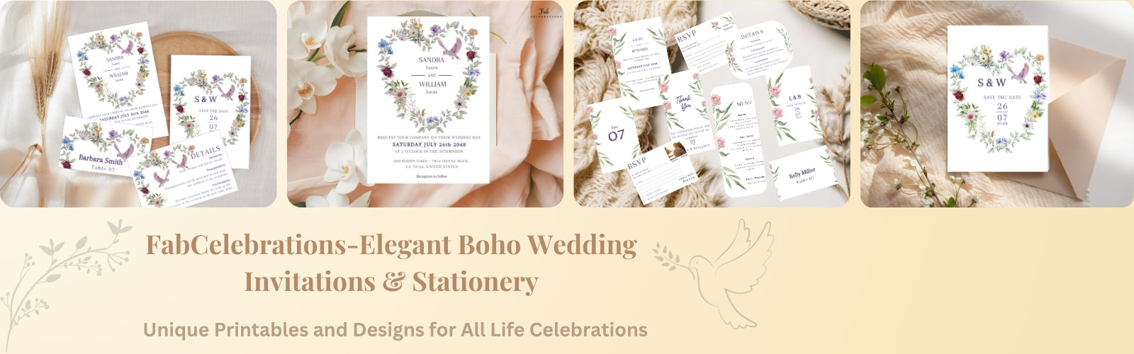 Elegant FabCelebrations banner showcasing printable and editable templates for weddings, holidays, parties, and all of life’s special occasions.