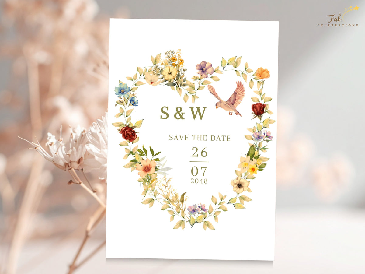 Wedding save the date design featuring a heart-shaped arrangement of watercolor-inspired blossoms, graceful doves, and centered initials above the event date for a romantic celebration.