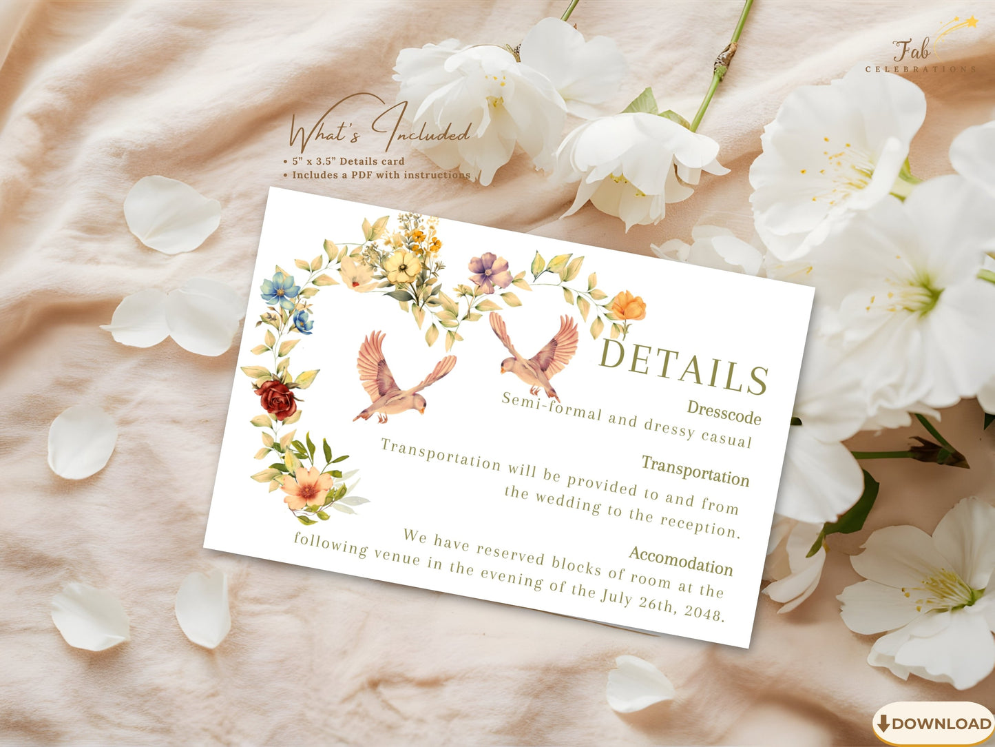 Printable Romantic Wedding Information Card featuring watercolor-inspired flowers, graceful dove symbolism and timeless floral elegance for sharing important wedding information.