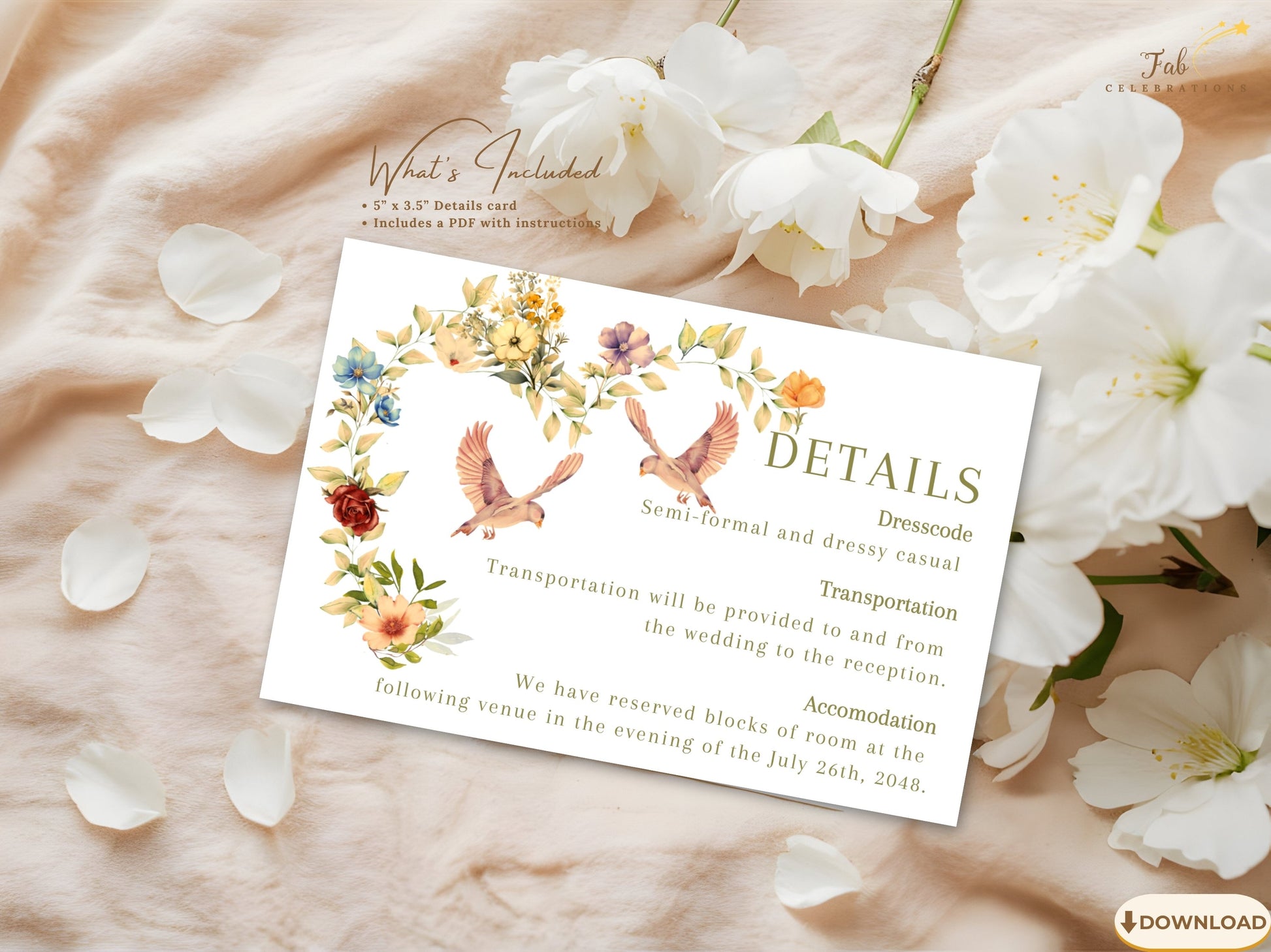 Printable Romantic Wedding Information Card featuring watercolor-inspired flowers, graceful dove symbolism and timeless floral elegance for sharing important wedding information.