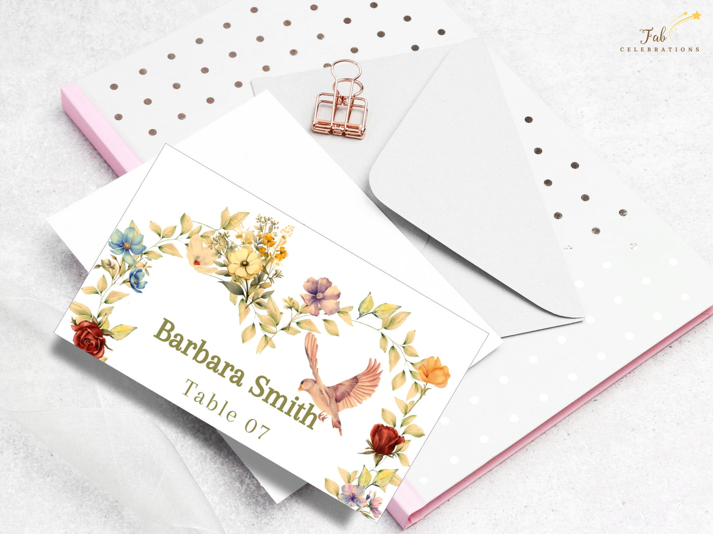 Printable Romantic Wedding Name Card featuring watercolor-inspired botanical artwork, floral heart styling and editable Canva design for refined guest place settings.
