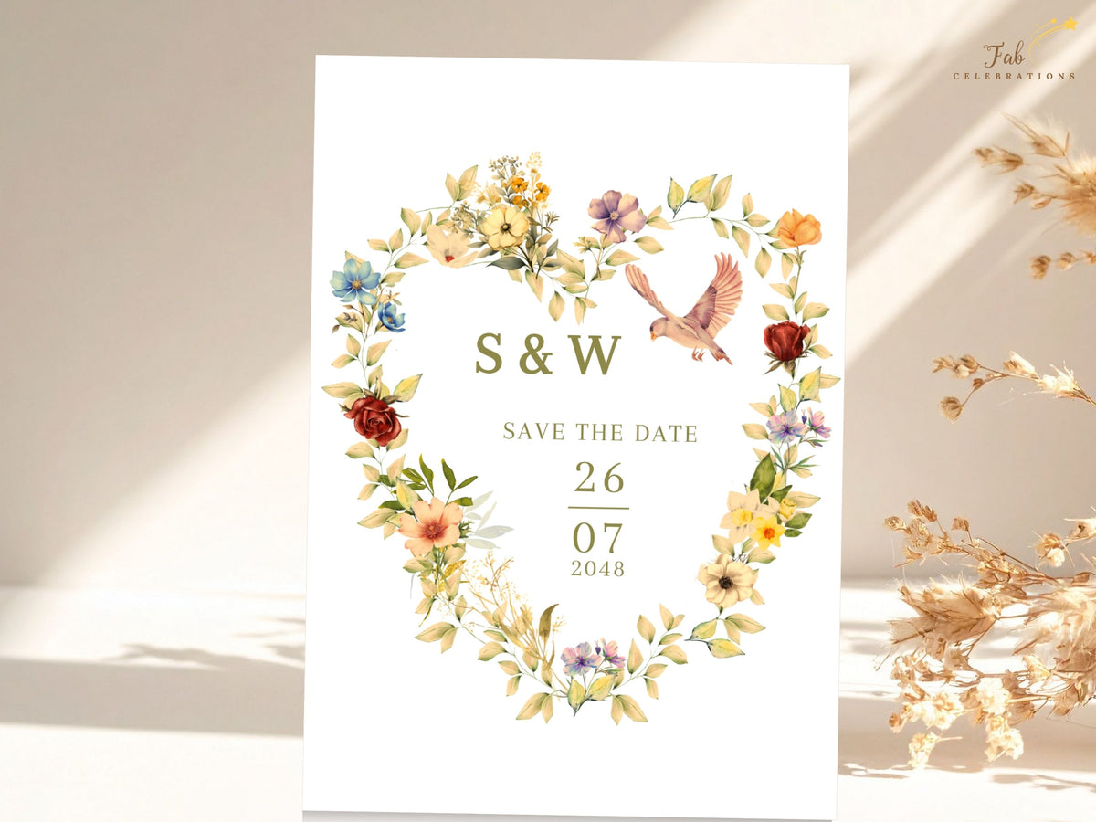 Heart-shaped floral Save the Date Card with watercolor-inspired fine botanical details, two doves, and an editable center for initials and date, designed for a romantic wedding theme.