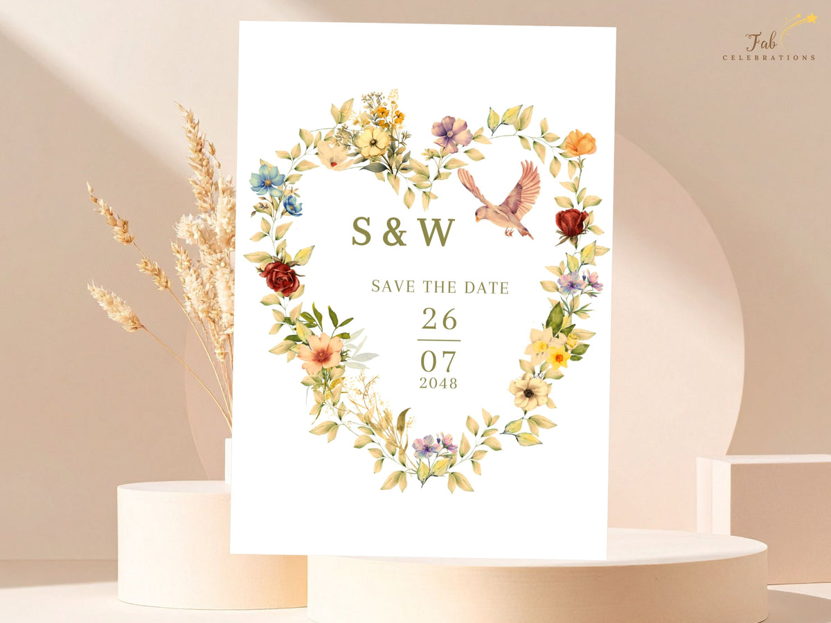 Romantic floral Save the Date Card with colorful garden blooms arranged in a delicate heart around initials and wedding date, plus a pair of doves for a timeless wedding announcement.