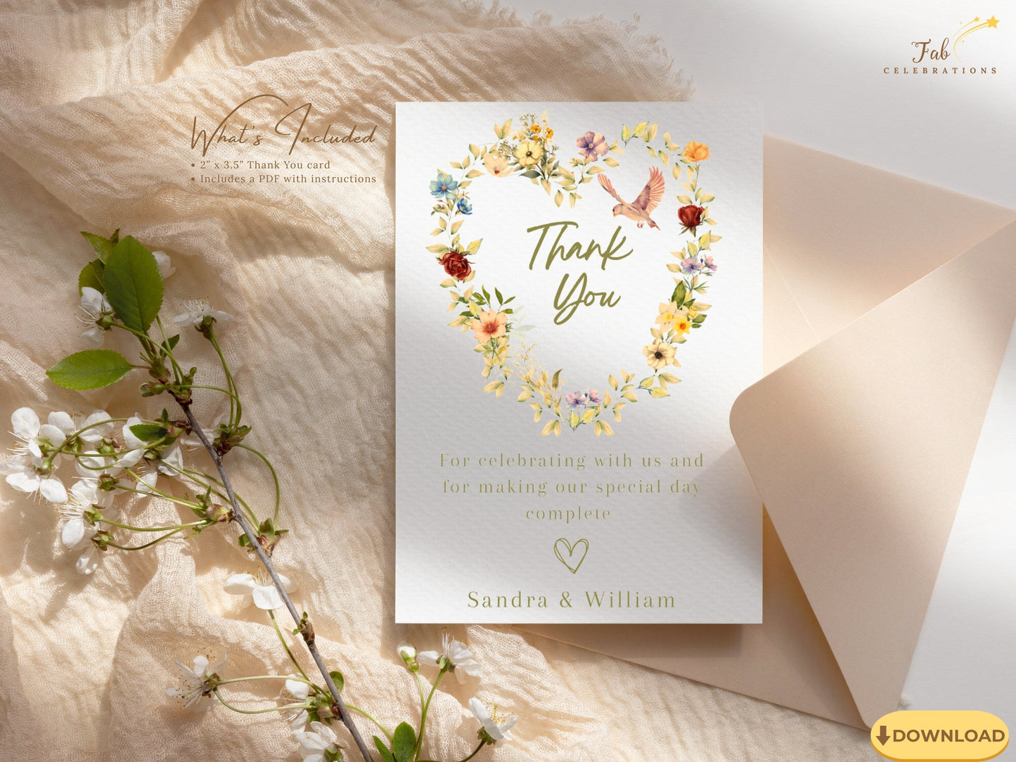 Editable Romantic Wedding Thank You Card with peach apricot florals, purple blue blossoms, sage green foliage and gold botanical accents creating beautifully coordinated wedding keepsakes.