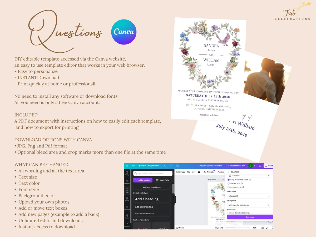 Canva wedding template help guide answering common questions about editing text, changing fonts and colors, replacing photos, downloading files, and personalizing every card with ease.