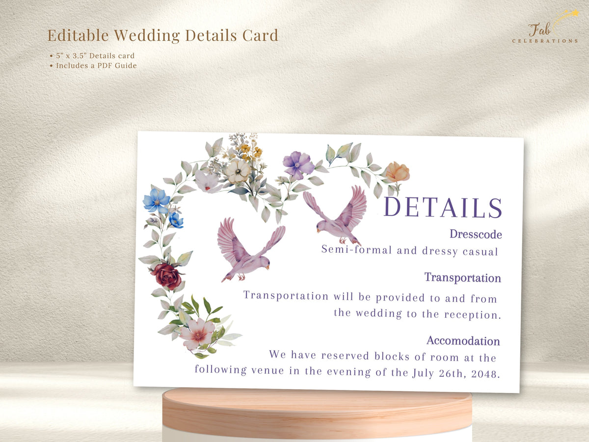 Editable wedding details card showing ceremony, dress code, transportation and accommodation sections beneath a watercolor-inspired floral heart with pink doves and soft botanical accents.