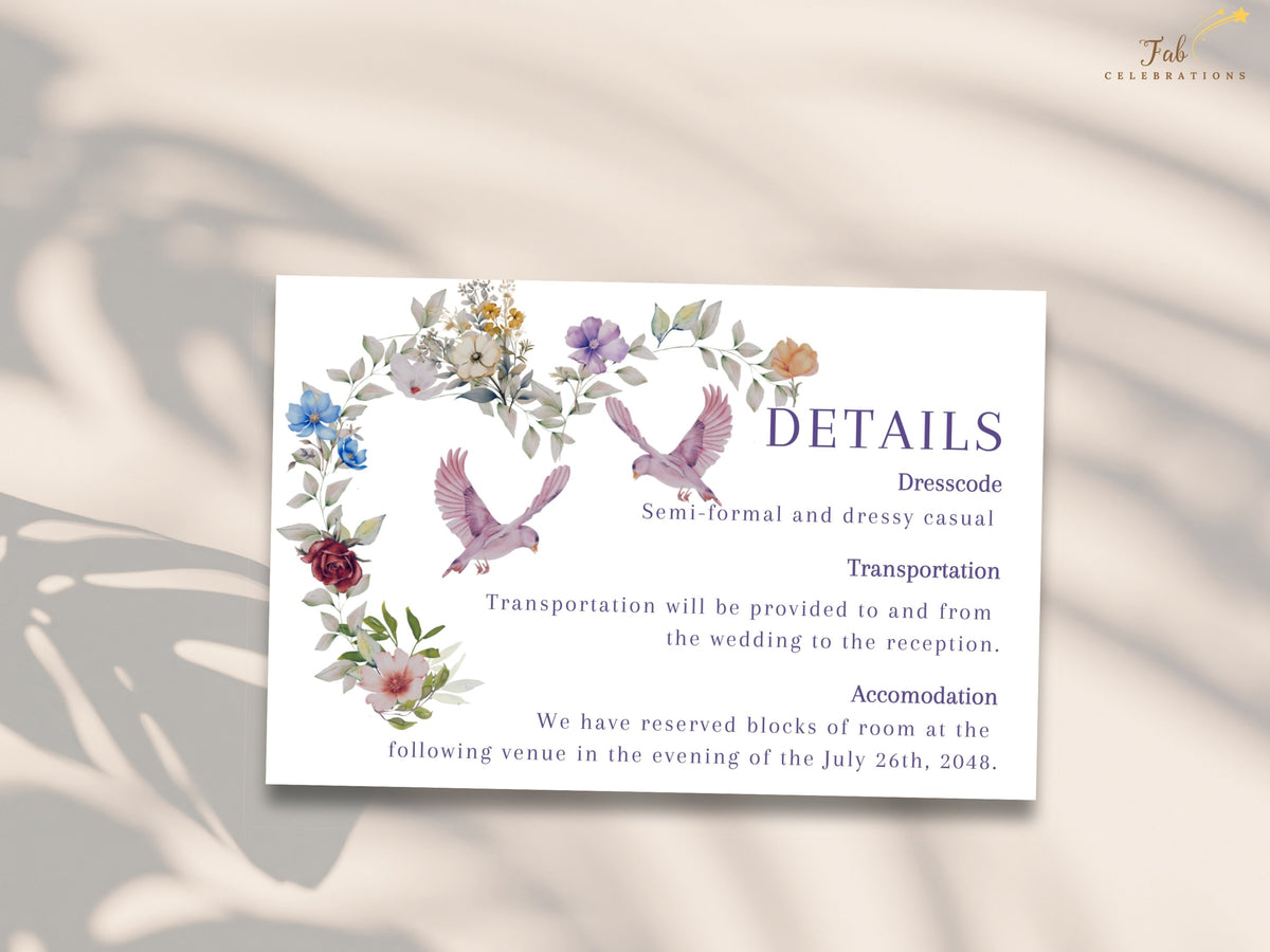 Wedding details card with watercolor-inspired blossoms, a heart-shaped floral arrangement and pink doves, offering editable information about dress code and guest travel. Editable in Canva.