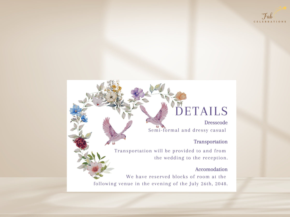 Minimal wedding details card with watercolor-inspired floral heart, delicate purple accents and pink doves, balancing a clean white background with editable guest information. Editable in Canva.