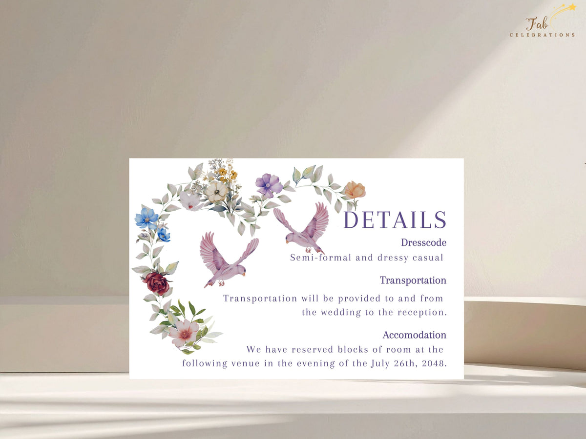 Wedding information card combining watercolor-inspired botanical flowers and pink doves with a purple Details heading and organized sections for practical guest information. Editable in Canva.
