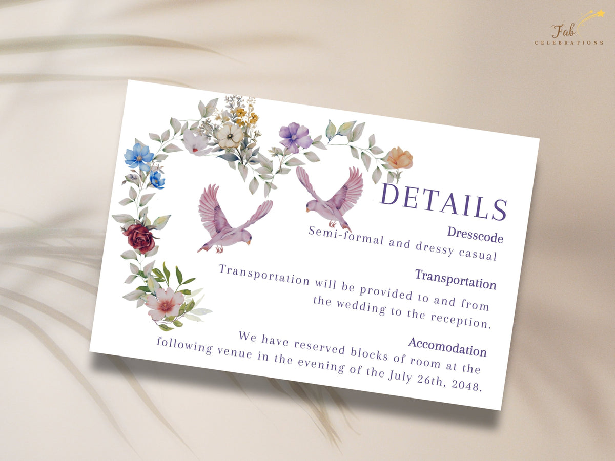 Romantic floral heart details insert featuring watercolor-inspired purple and blue flowers, leafy greenery and two pink doves beside editable wedding information sections. Editable in Canva.