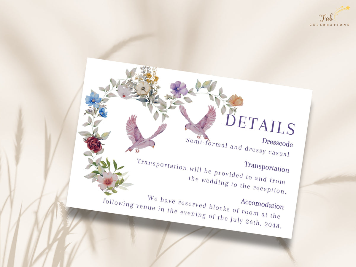 Romantic wedding information insert with watercolor-inspired flowers, two pink doves and a graceful purple Details heading, designed to share essential celebration information with guests.