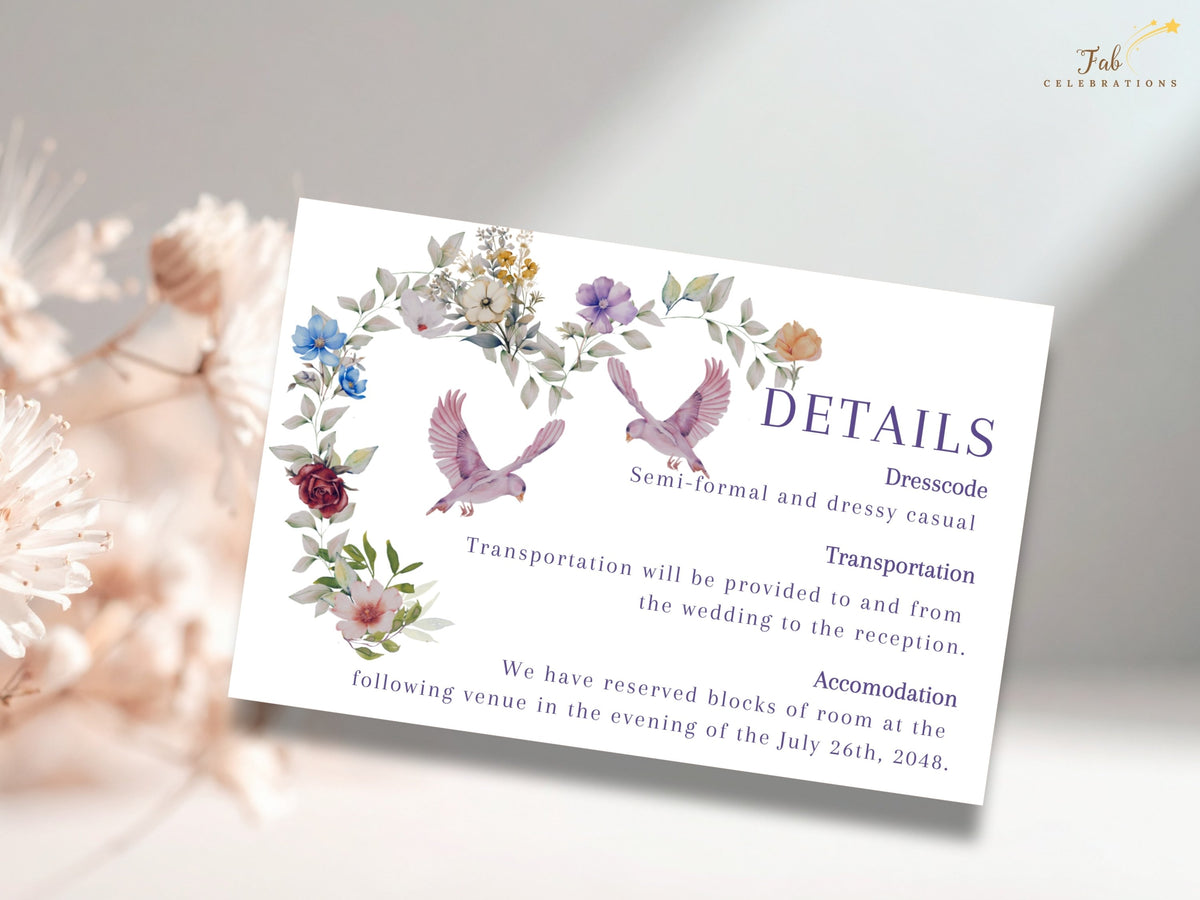 Floral heart wedding details card with soft watercolor-inspired blooms, paired pink doves and editable text for dress code, transportation and accommodation in an elegant layout. Editable in Canva.