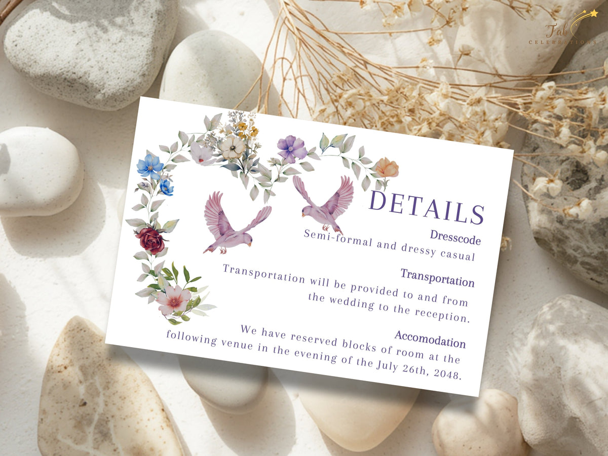 Watercolor-inspired wedding information card surrounded by gentle floral artwork and doves, with space for ceremony details, transportation guidance and accommodation notes. Editable in Canva.