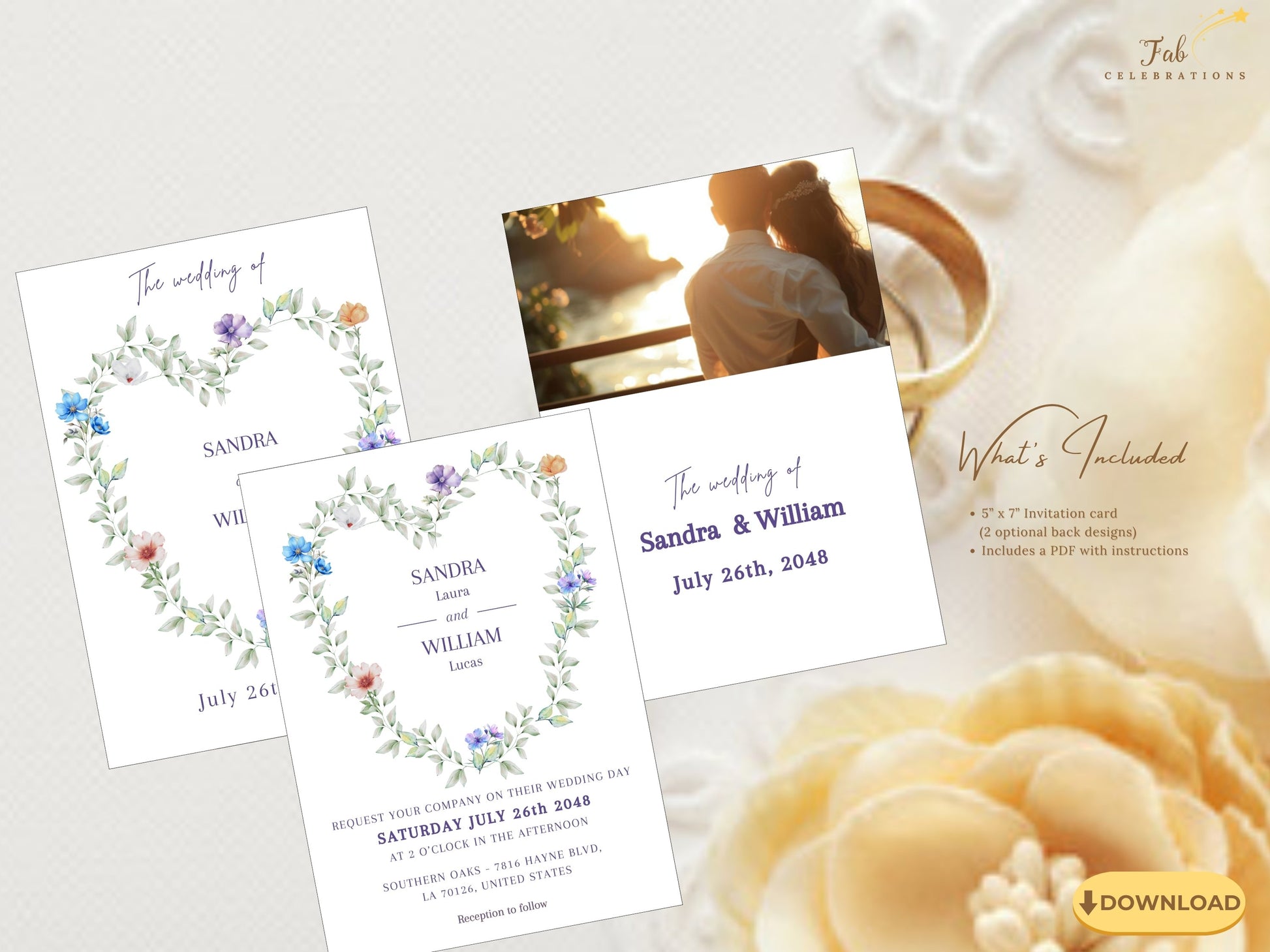 Floral Heart Wedding Invitation printable wedding invite showcasing a romantic floral heart wreath with pastel flowers and greenery for elegant and memorable celebrations.