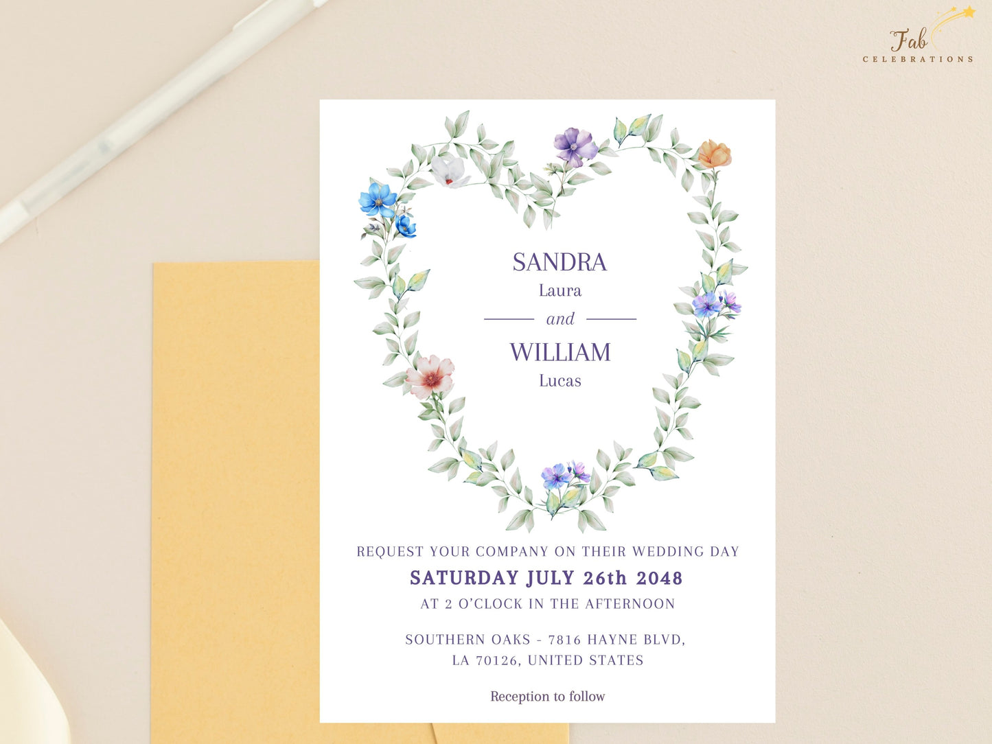 Floral Heart Wedding Invitation editable wedding card featuring lavender flowers, soft blue blooms and greenery in a graceful heart-shaped arrangement for couples in love.
