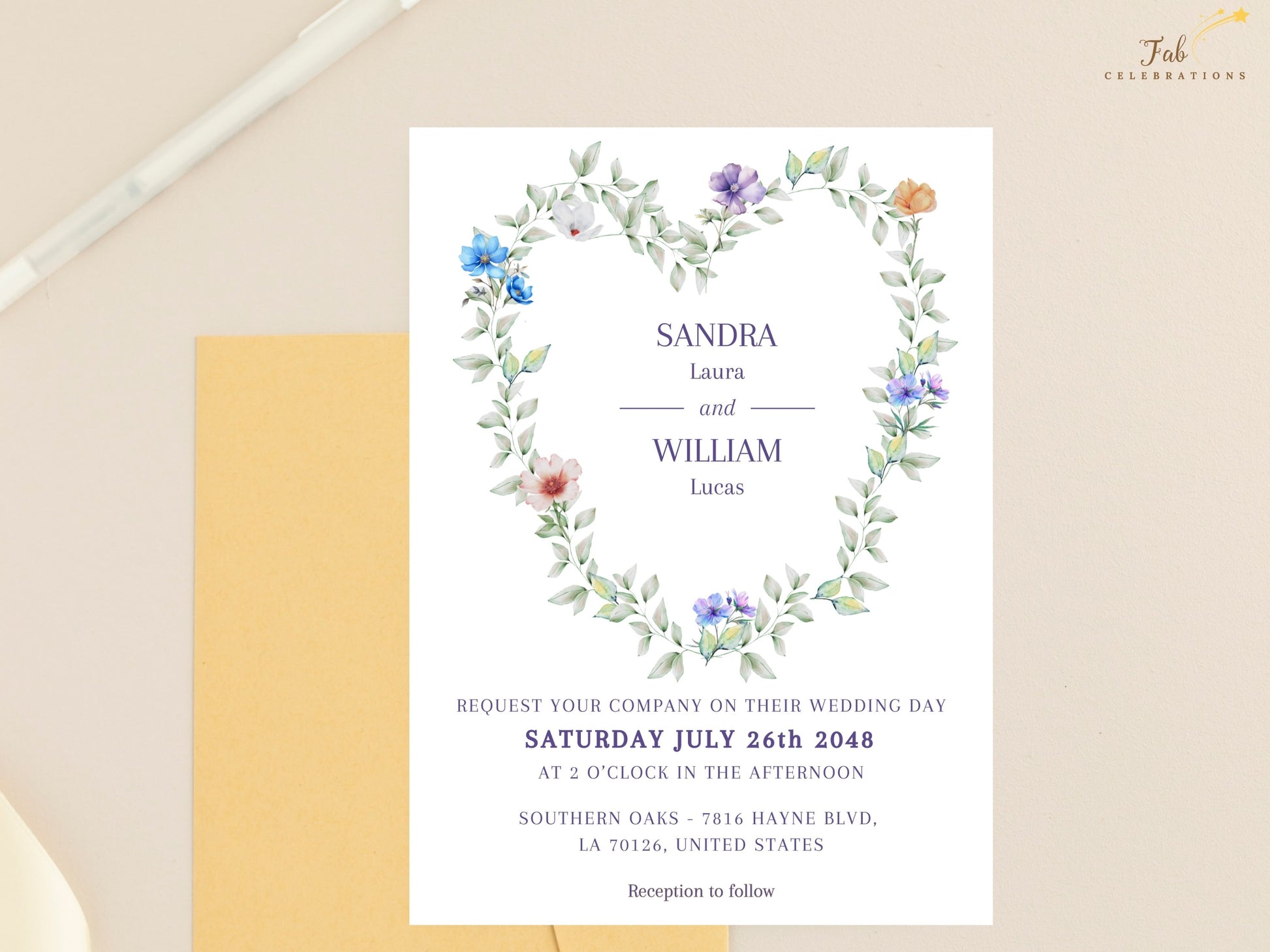 Floral Heart Wedding Invitation editable wedding card featuring lavender flowers, soft blue blooms and greenery in a graceful heart-shaped arrangement for couples in love.