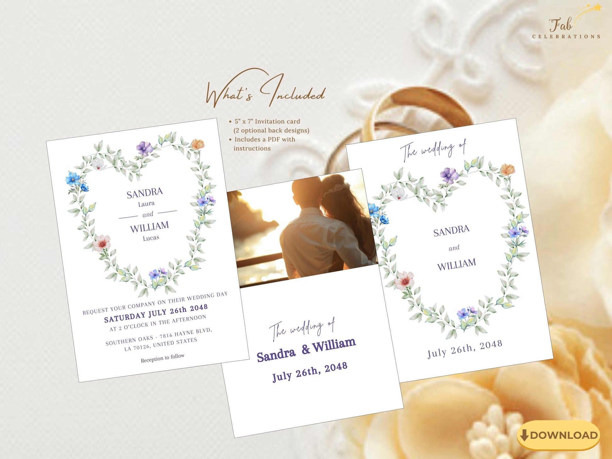 Floral Heart Wedding Invitation printable Canva design with delicate watercolor-inspired flowers and greenery arranged in a romantic heart shape for timeless wedding stationery.