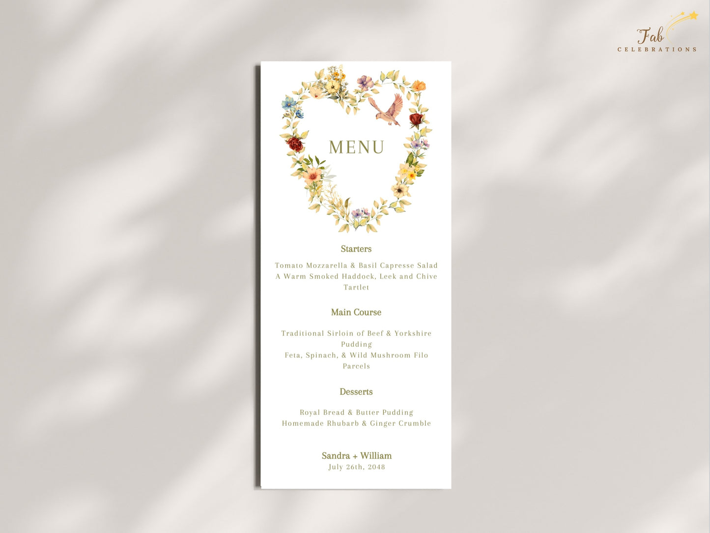 Romantic Wedding Menu Template designed in Canva with an elegant floral heart wreath, graceful dove artwork and timeless botanical styling for refined wedding dining.