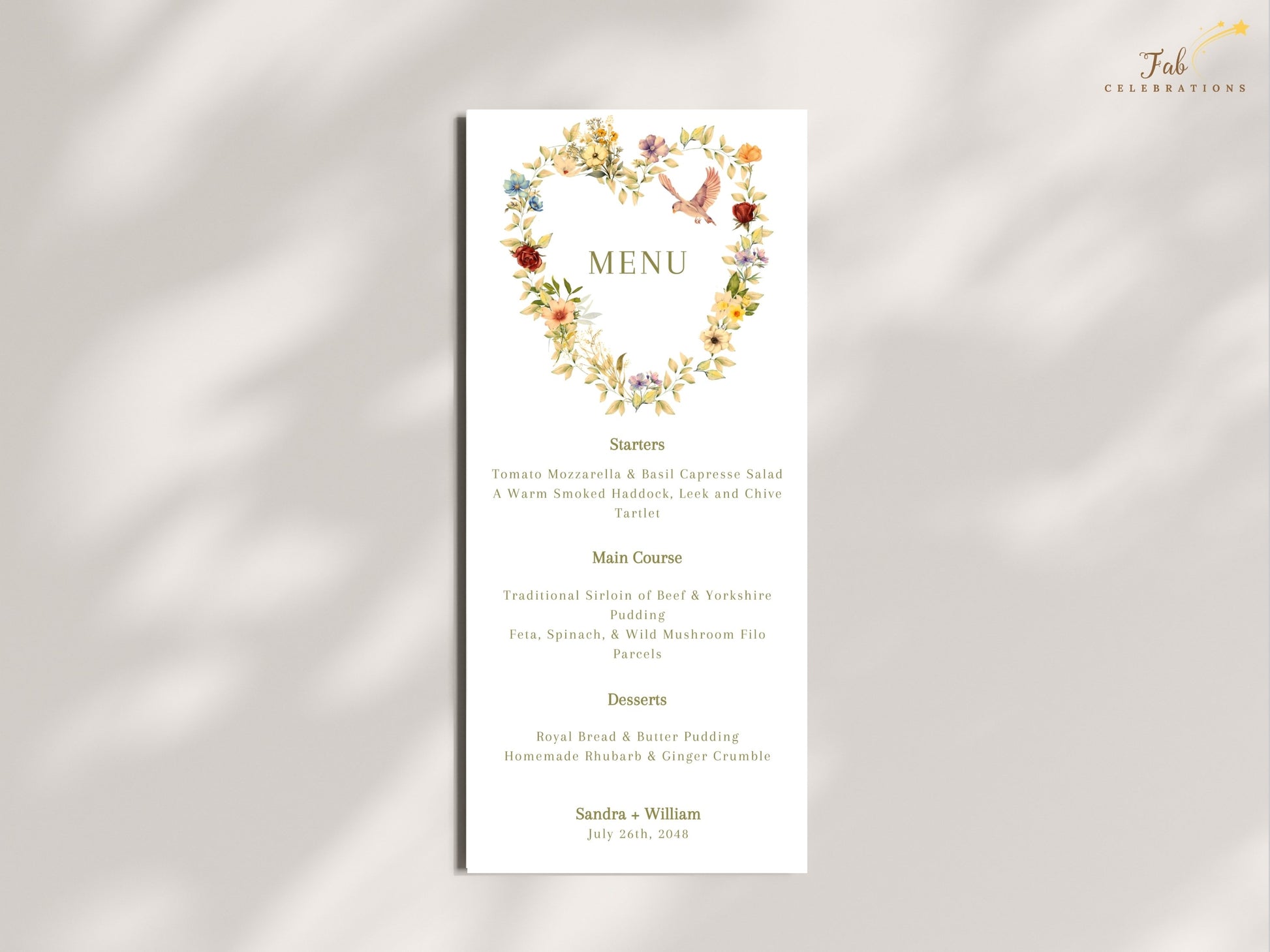 Romantic Wedding Menu Template designed in Canva with an elegant floral heart wreath, graceful dove artwork and timeless botanical styling for refined wedding dining.