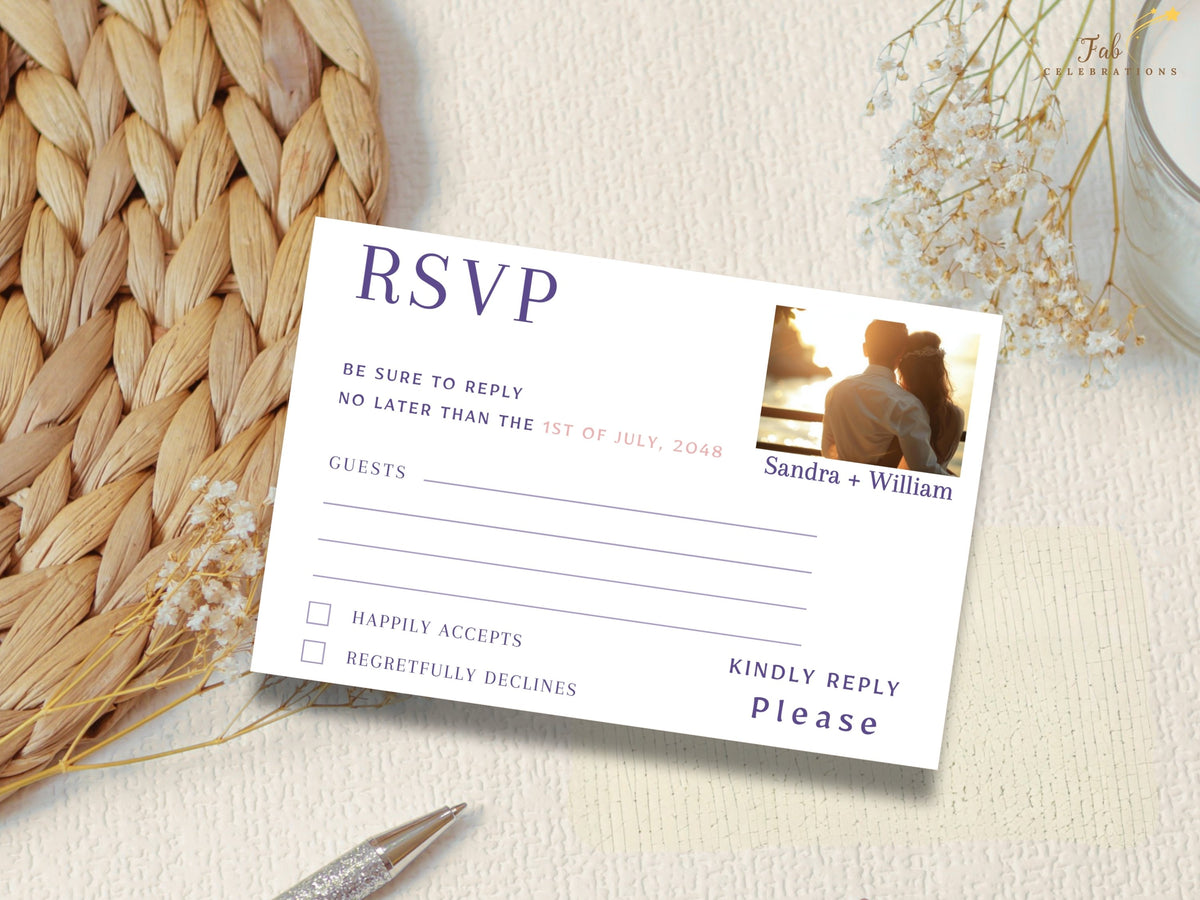 Floral heart wedding response card with a replaceable photo area to add your own photo, framed by watercolor-inspired botanical flowers and customizable guest attendance wording for guests.