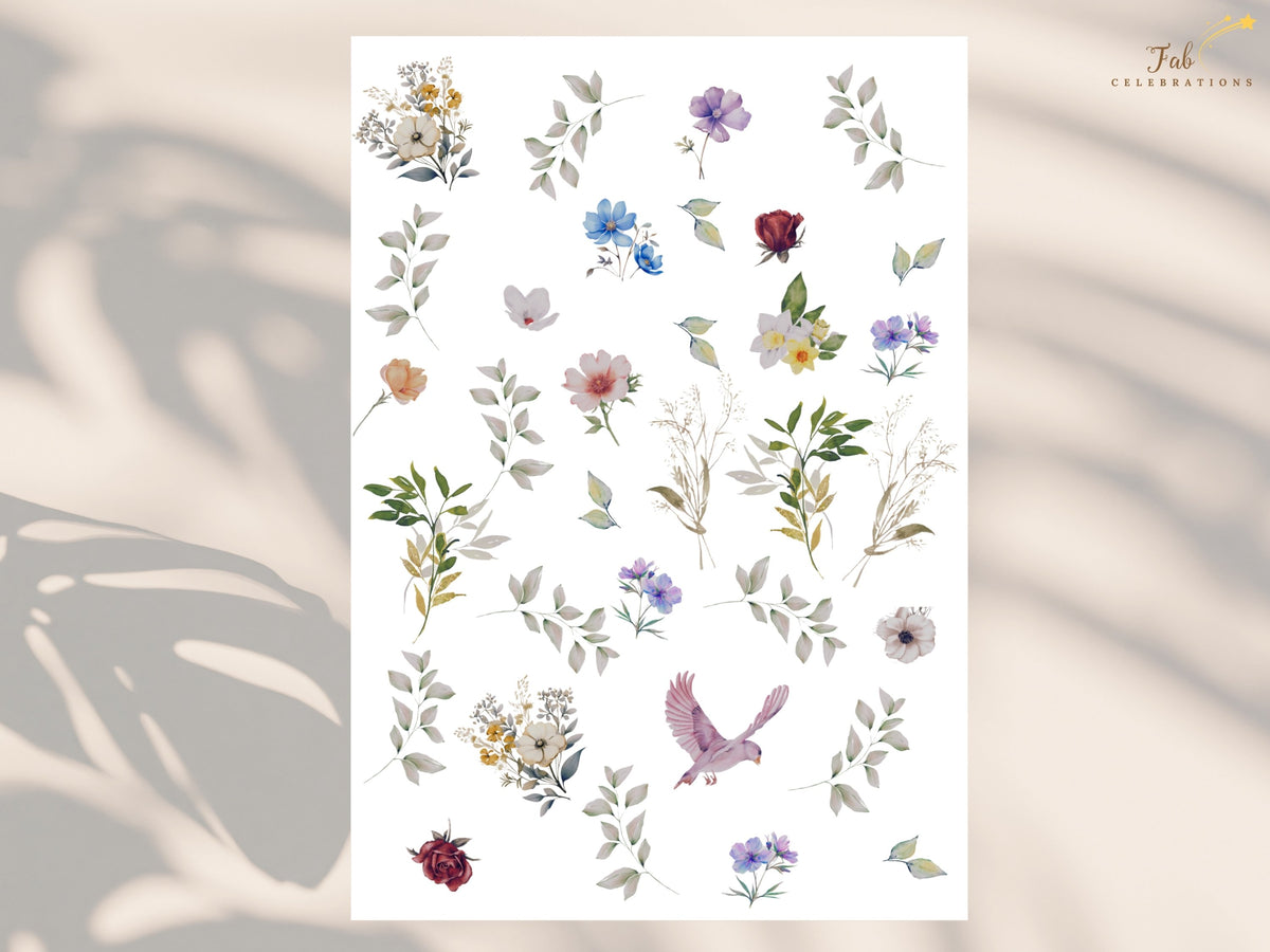 Botanical illustration sheet displaying the colorful flowers and foliage used throughout the floral heart wedding collection, with delicate watercolor-inspired petals and romantic garden details.