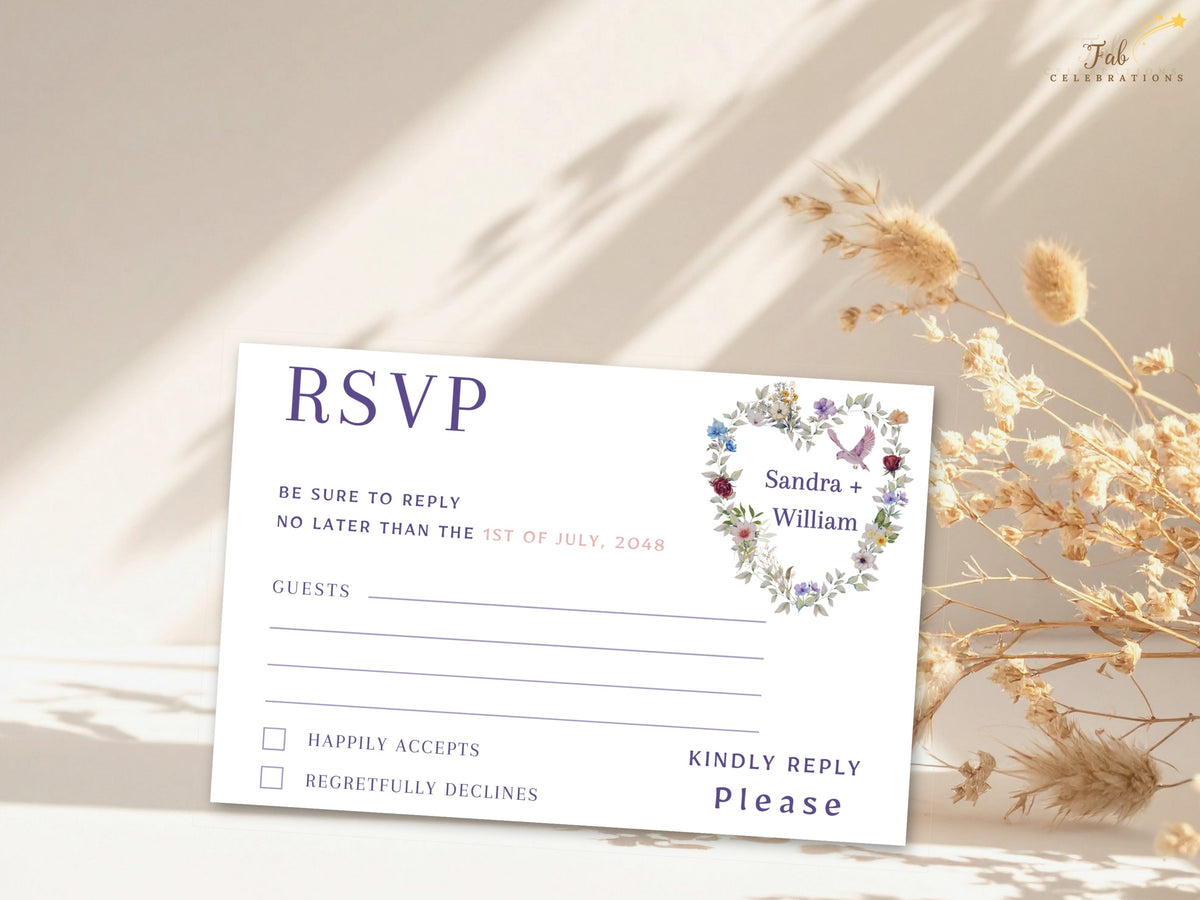 Classic floral heart wedding RSVP card featuring a romantic botanical border, a graceful dove, and watercolor-inspired flowers around customizable response wording for wedding guests.