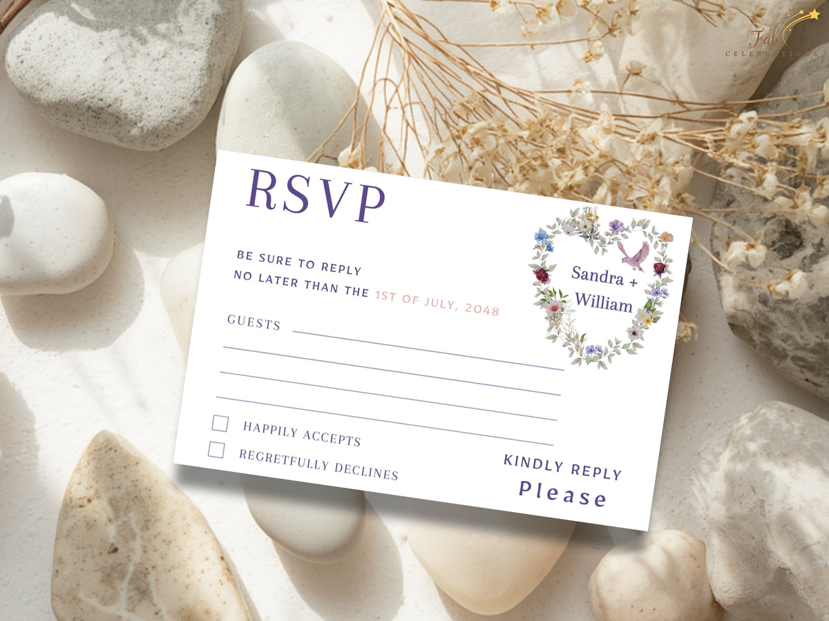 Editable wedding reply card featuring a floral heart arrangement, watercolor-inspired garden flowers, and a delicate dove, with personalized attendance choices and guest response details.