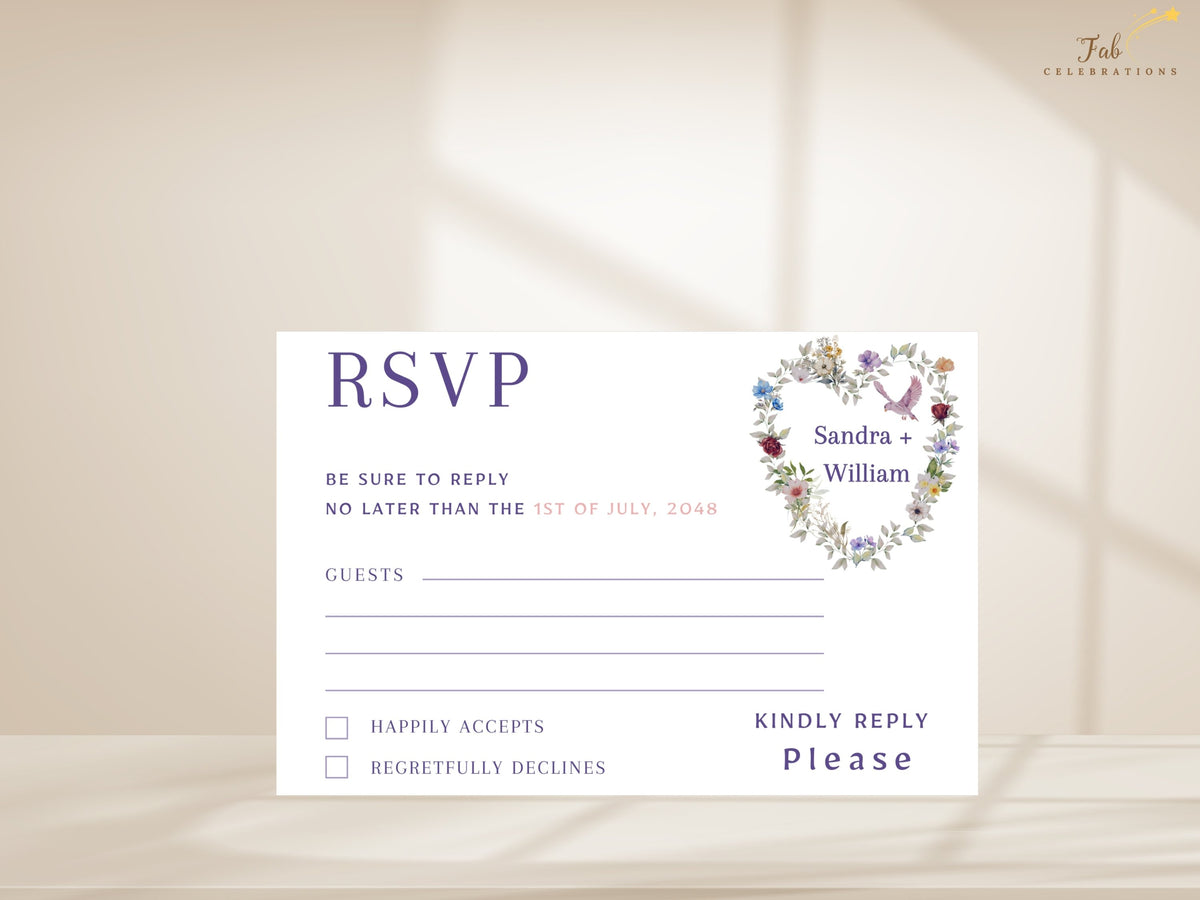 Wedding guest attendance reply card with an elegant floral heart design, watercolor-inspired blooms, a gentle dove illustration, and customizable RSVP wording for a coordinated celebration.