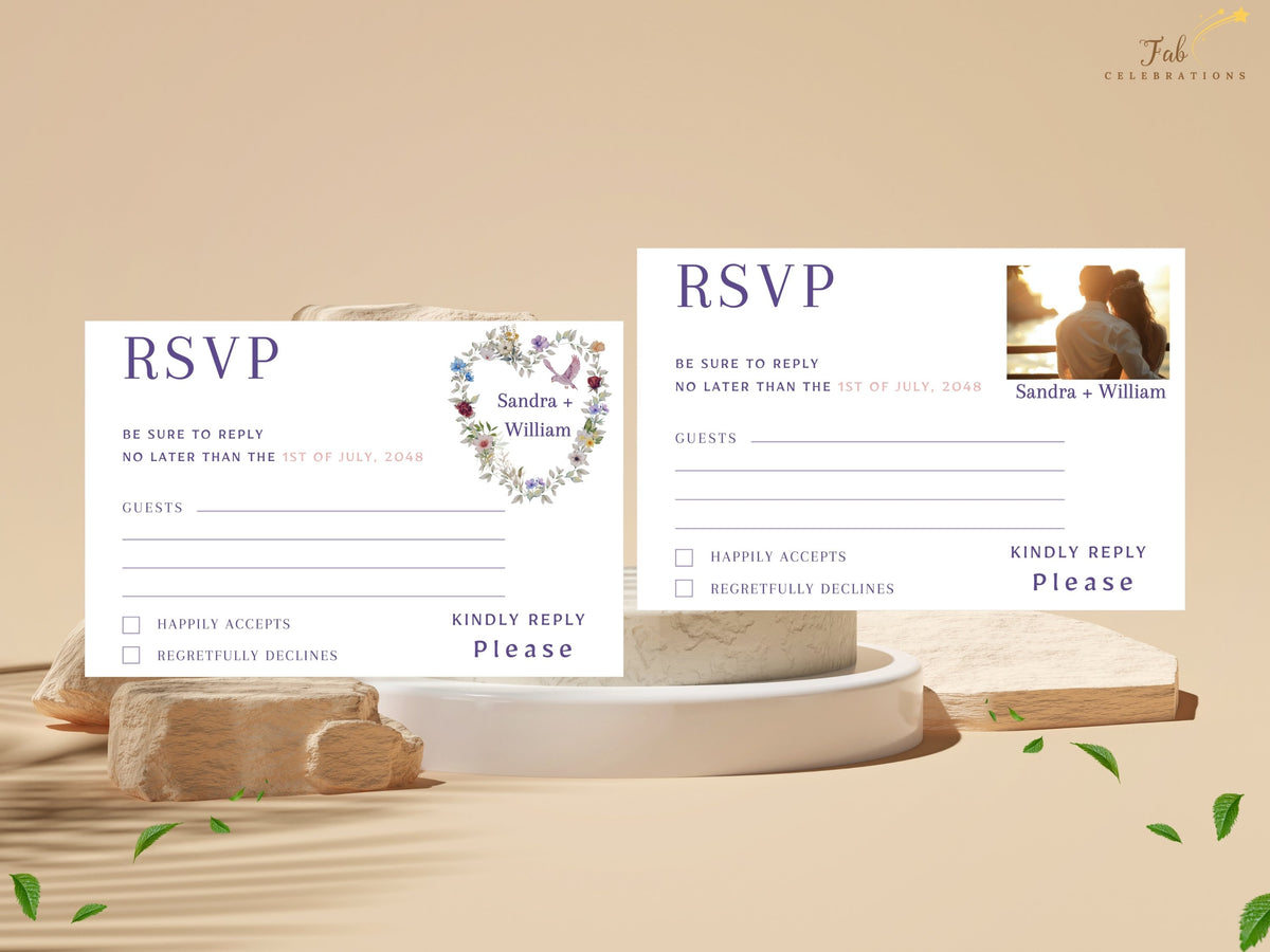 Matching pair of floral heart wedding RSVP card templates with elegant botanical details and watercolor-inspired blossoms; one card features a customizable photo area for a personal image.