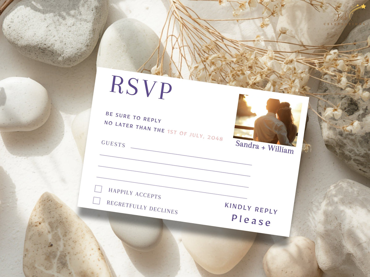 Photo-ready floral heart wedding RSVP card with a replaceable photo area for couples to add their own picture, complemented by watercolor-inspired flowers and editable response text.