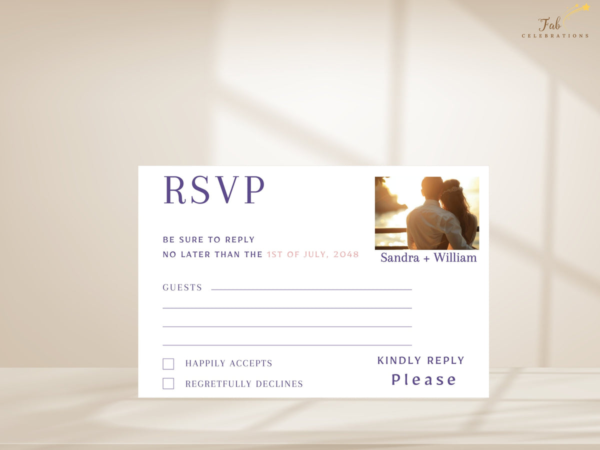 Photo-ready wedding RSVP card featuring floral heart artwork and watercolor-inspired blossoms, with a replaceable photo area to add your own picture beside personalized reply details.