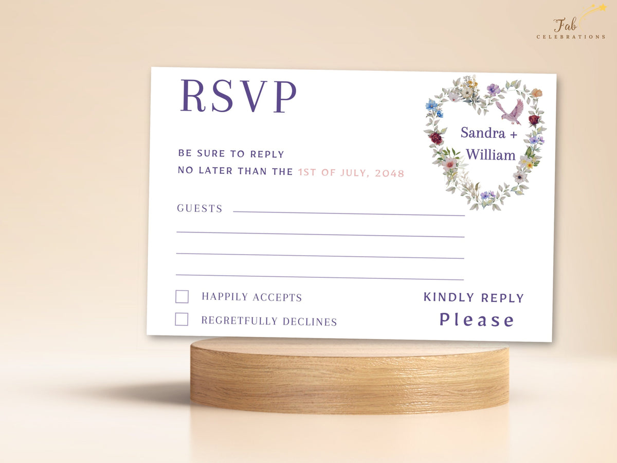 Romantic floral heart RSVP card with watercolor-inspired flowers in purple, crimson, ivory, blue, and warm orange, delicate greenery, a dove, and editable wedding response details.
