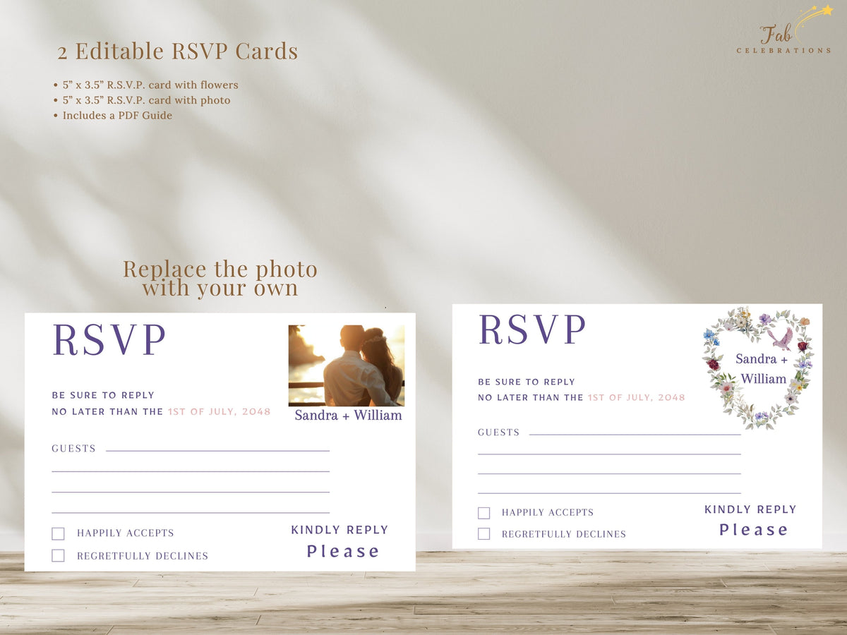 Presentation of two editable wedding response card designs with floral heart artwork, watercolor-inspired blooms, and personalized wording; one template lets couples add their own photo.
