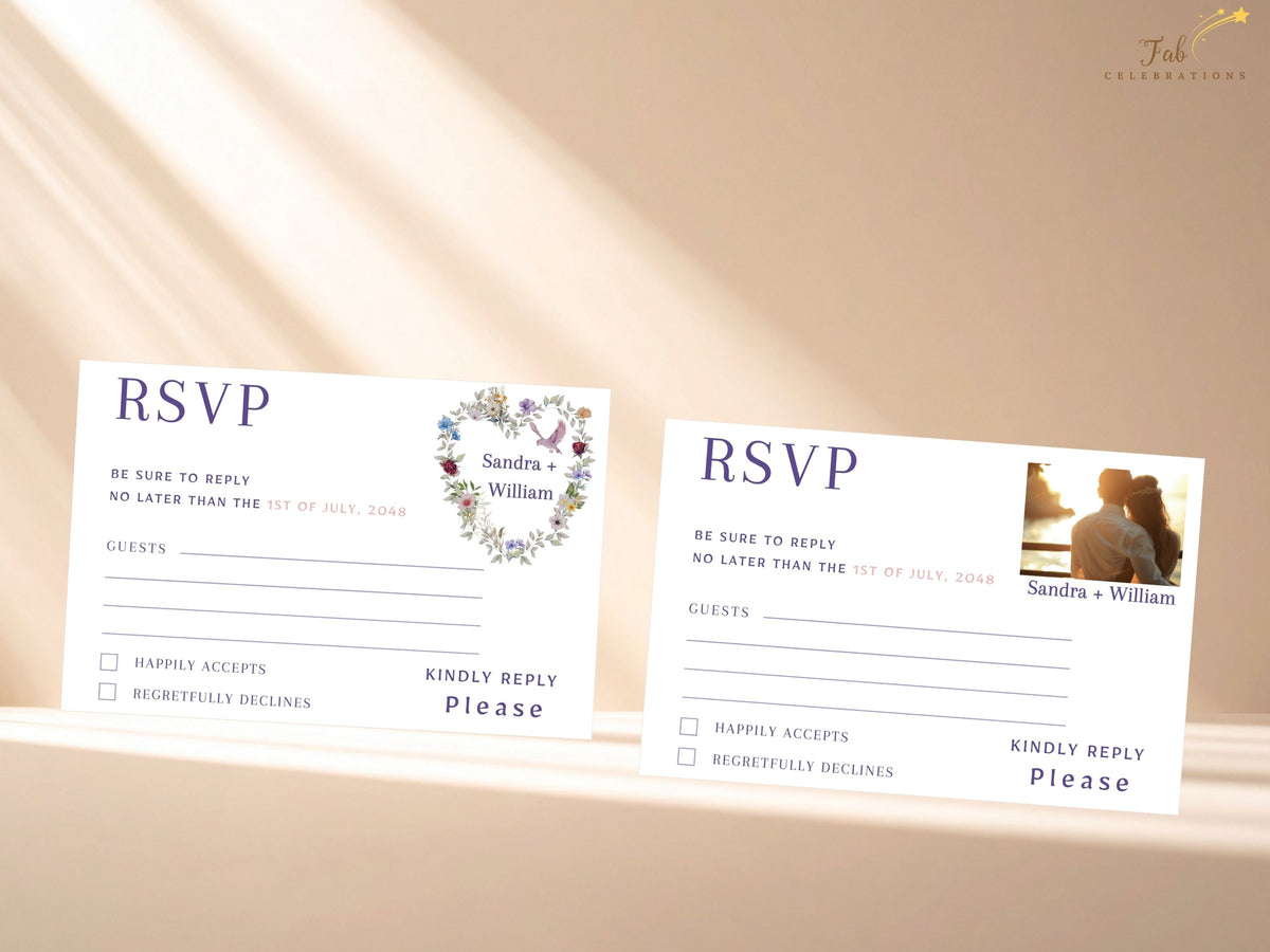 Informational display of two editable floral heart wedding RSVP card templates with watercolor-inspired flowers and a dove; one design offers a replaceable photo area for your picture.