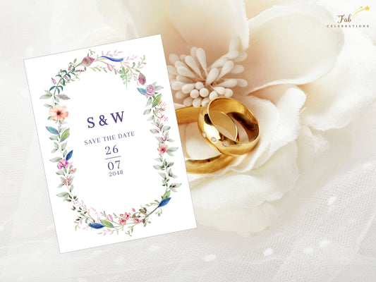 Floral save the date card outdoor celebration design with botanical illustrations and romantic typography, editable Canva file for personalized wedding announcements.