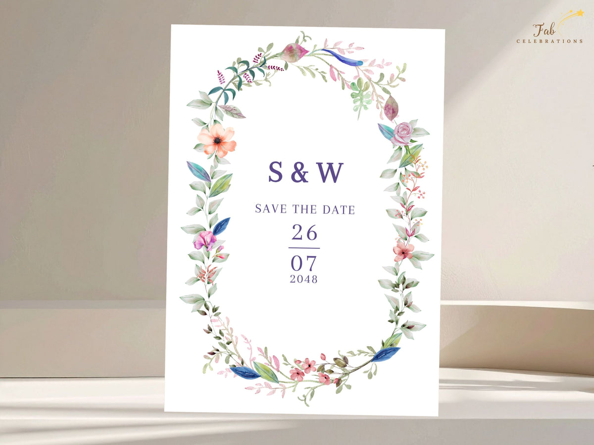 Editable Canva wedding announcement featuring a watercolor-inspired floral wreath around personalized initials, save the date wording, and customizable wedding date details.