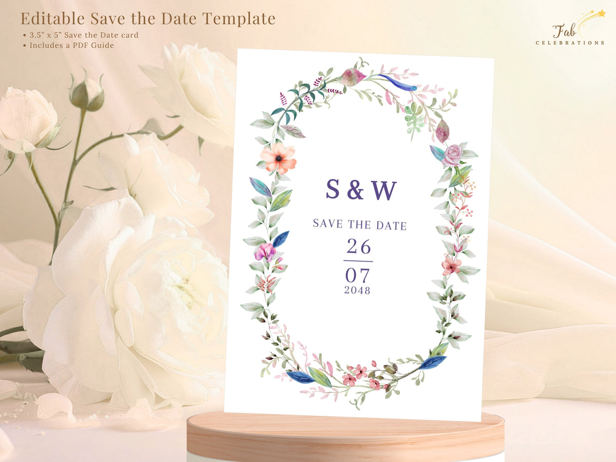 Editable save the date template shown with descriptive text, featuring a watercolor-inspired floral wreath, elegant couple initials, and customizable wedding date details.