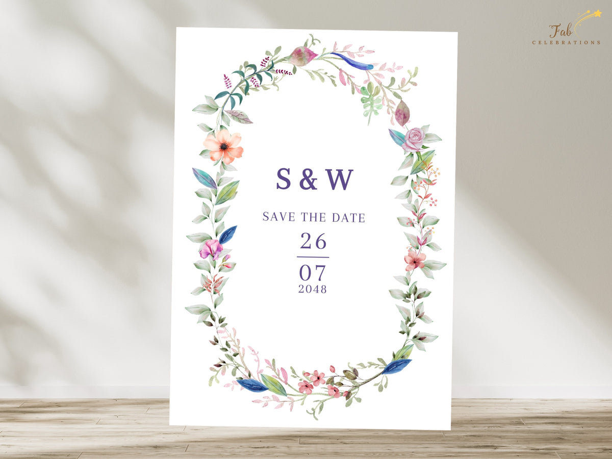 Editable floral save the date template featuring a watercolor-inspired botanical wreath around personalized initials, wedding announcement wording, and customizable date details.