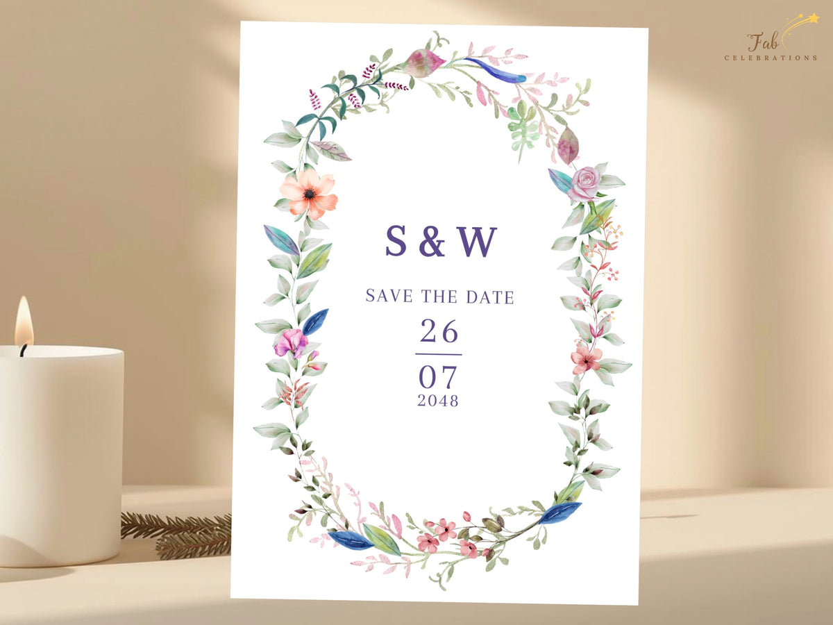 Editable wedding announcement card featuring delicate watercolor-inspired flowers and greenery arranged as a wreath around personalized initials and celebration date.
