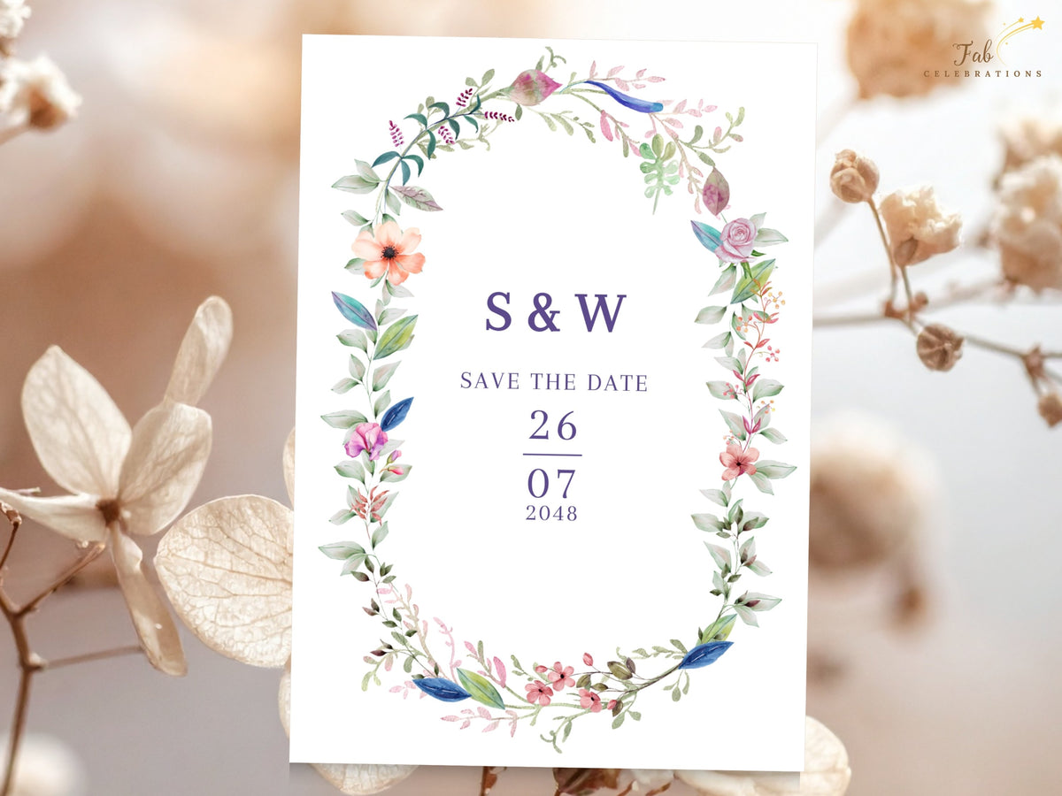 Editable Canva save the date wedding template with a delicate watercolor-inspired floral wreath, personalized couple initials, announcement wording, and date details.